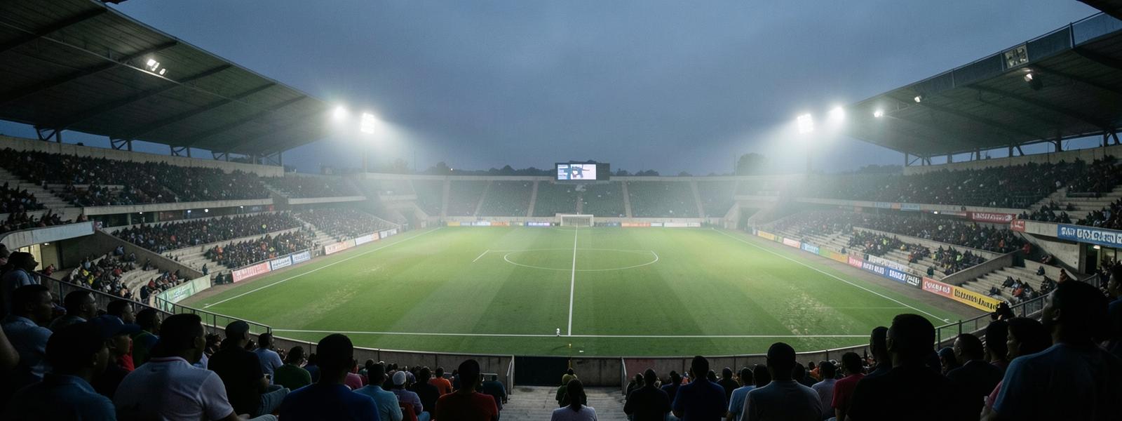 Floodlit football ground before kick-off